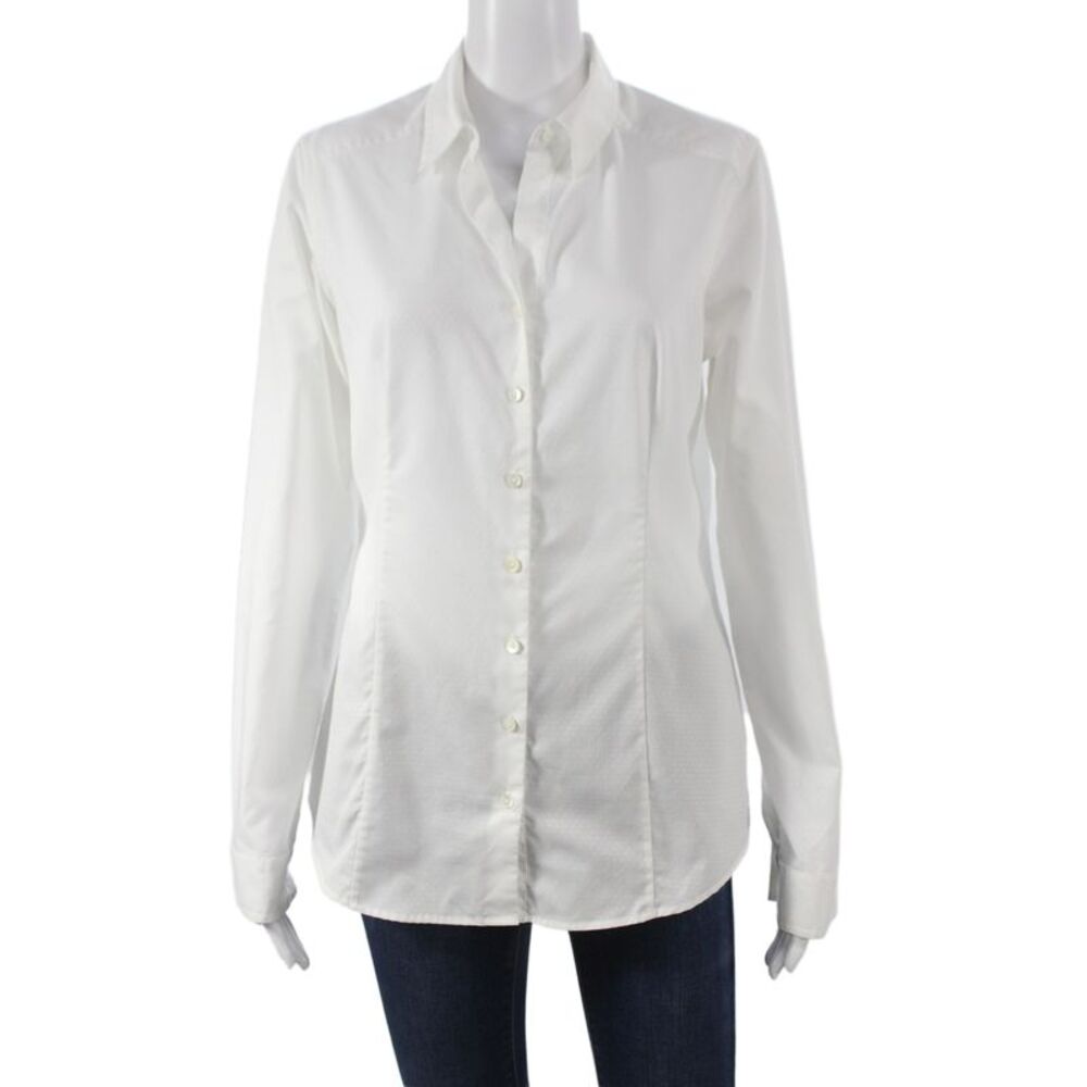 Van Laack Women White Cotton Polka Dot Button-Up Blouse Long Sleeve Size 40